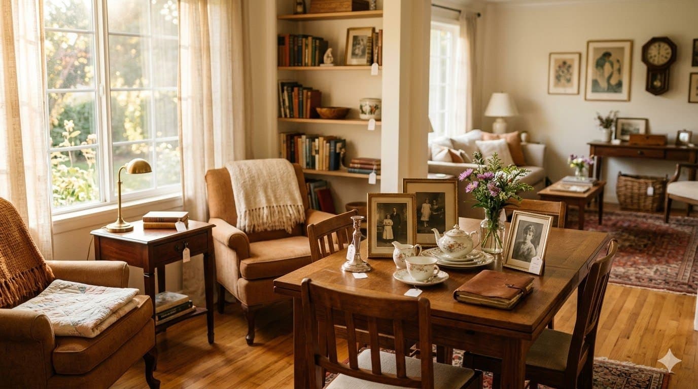 A furnished home with tagged furniture, framed photographs, and a tea set arranged for an estate sale