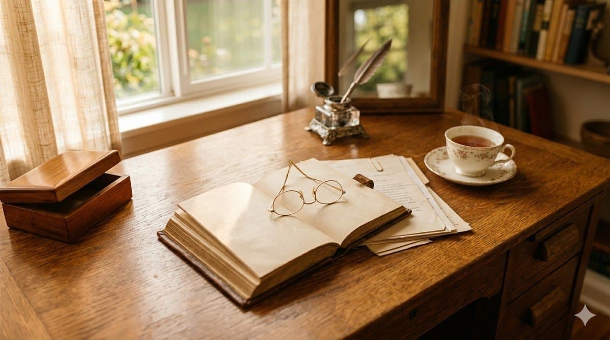 An open notebook, papers, reading glasses, and a teacup on a wooden desk