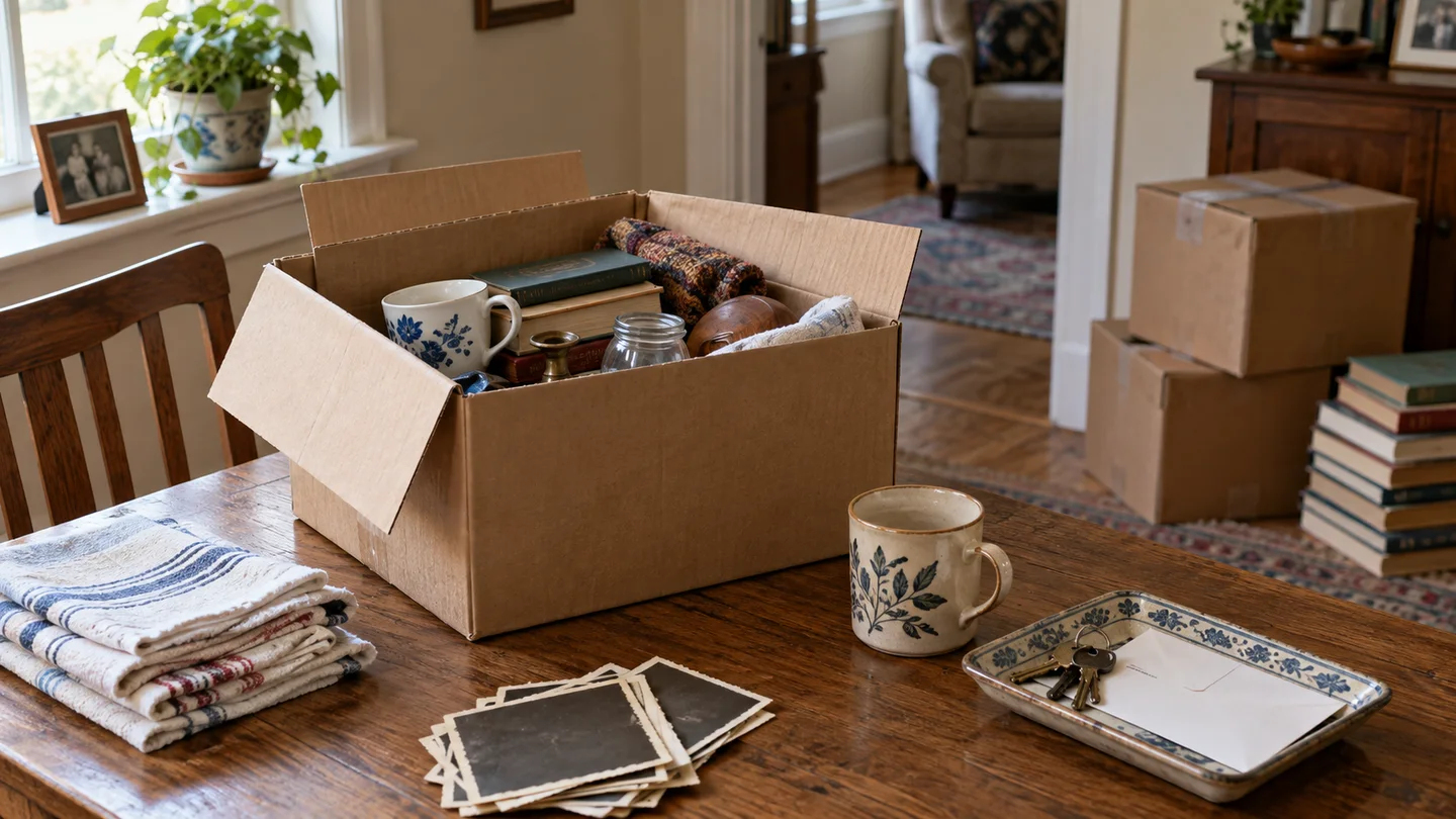 One open moving box of dishes and linens on a table in a cluttered living room