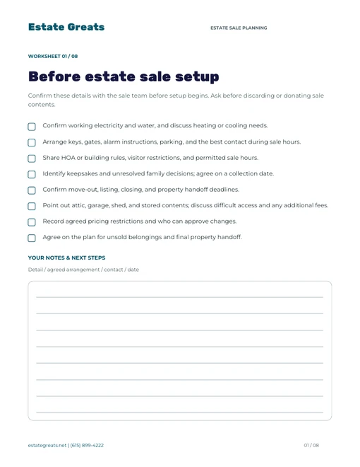Preview of the Estate Greats planning worksheet, with a checklist and space for notes