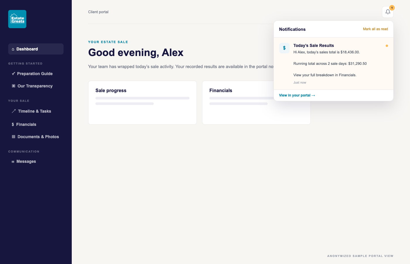 Illustrative client portal nightly recap with sample daily and running sales totals.